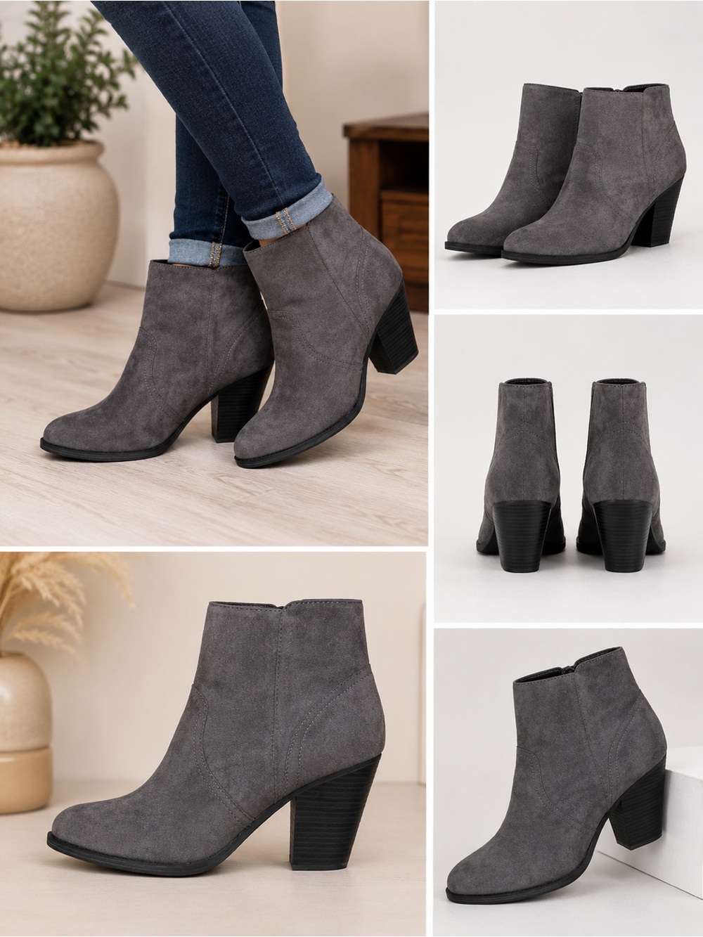 Breckelles Gray Suede Block Heel Ankle Booties